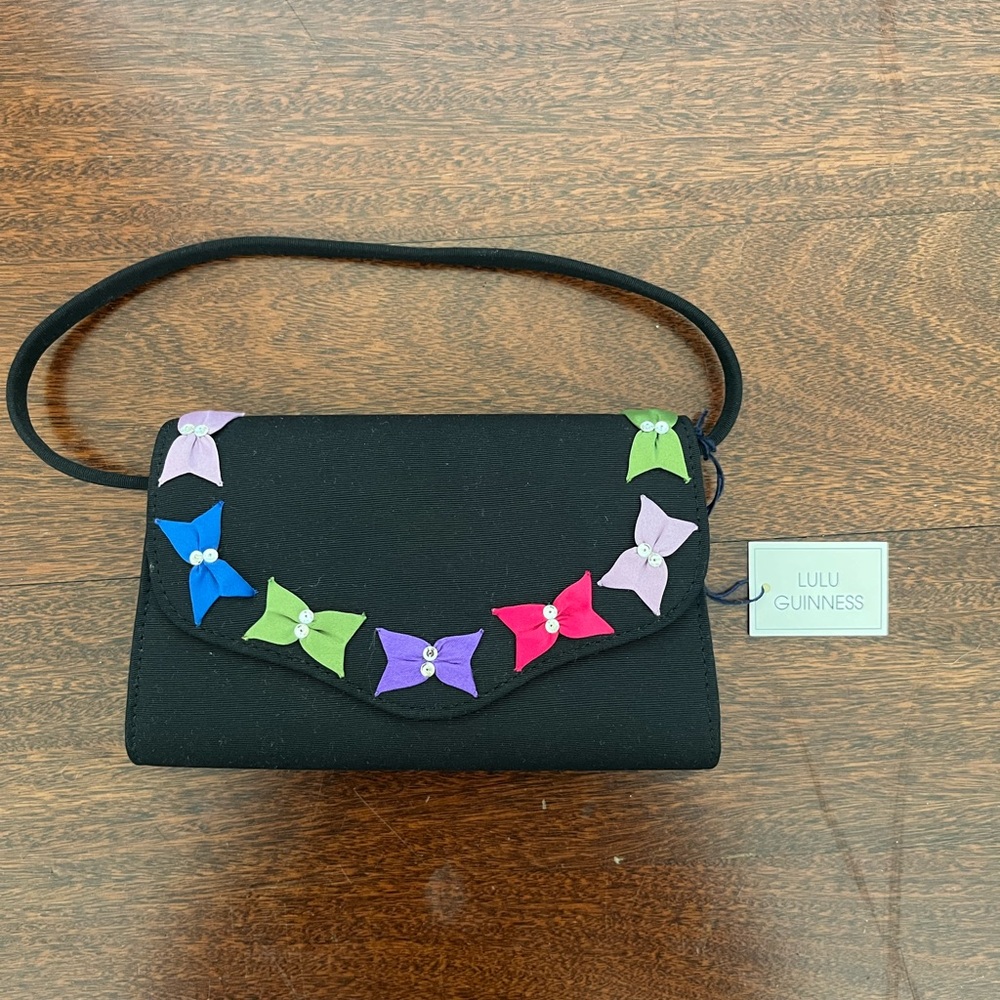 Lulu Guinness NWT Y2K 1990s Vintage Black Satin Evening Bag With Multicolor Bows